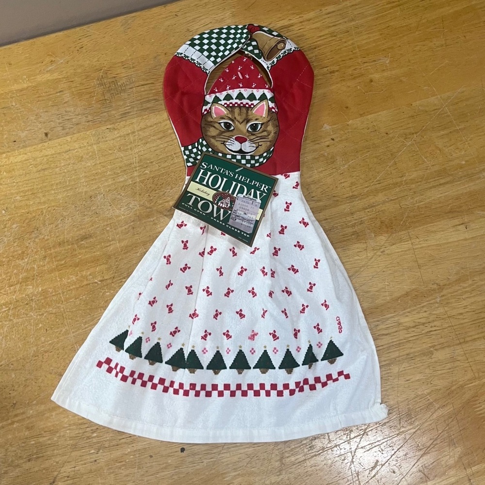 Vtg B&D Christmas Cat Hanging Kitchen Towel Santa's Helper Kitsch Jingle‎ Bell